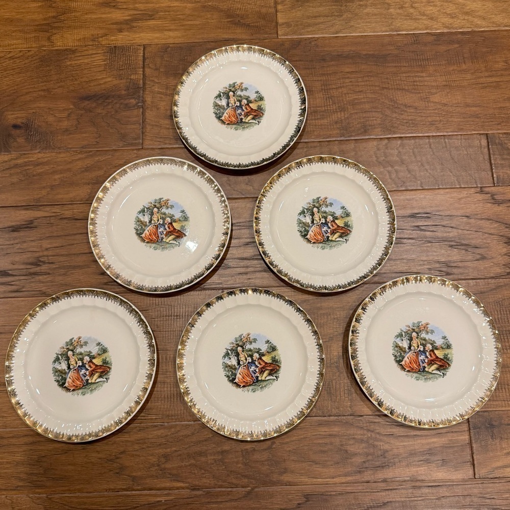 RARE FIND~VINTAGE 1900’s~6-SALAD PLATES~GOLD RIM~VICTORIAN SCENE CENTER~NICE~KPY
